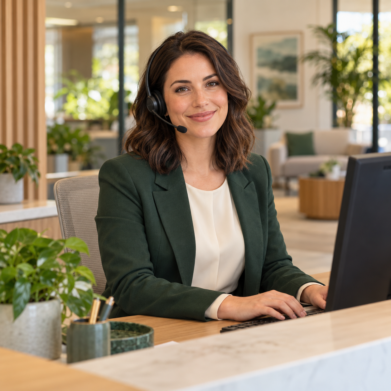 Illustrative AI phone receptionist in a green blazer wearing a headset at a reception desk