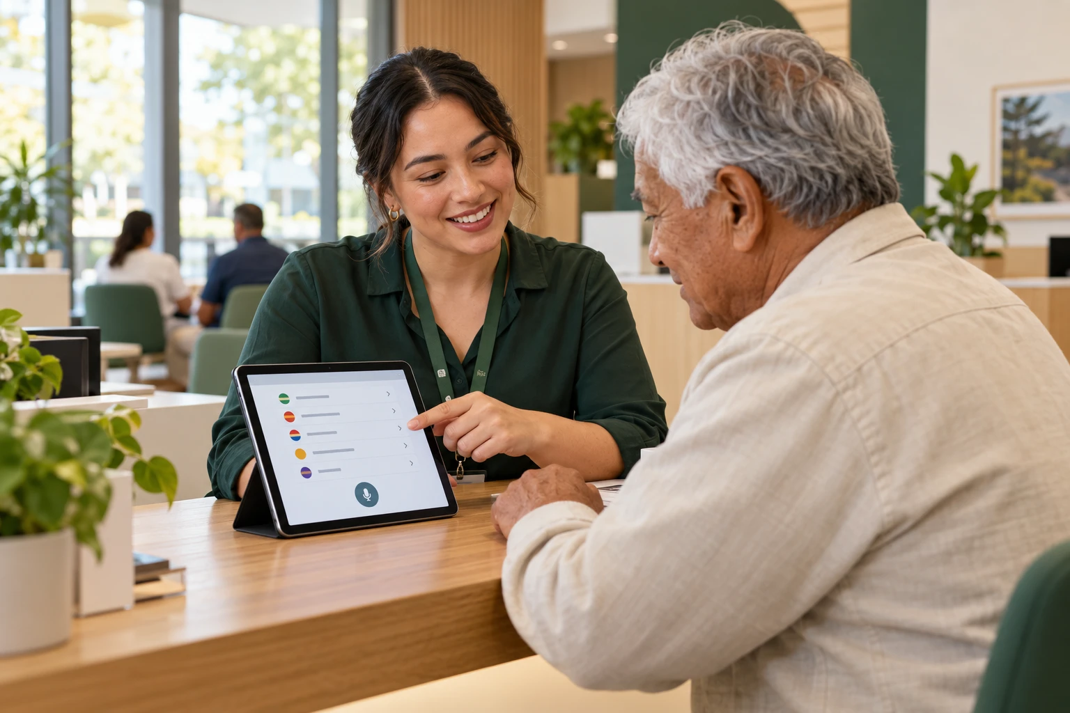 Illustrative service adviser helping a visitor choose a language on a tablet