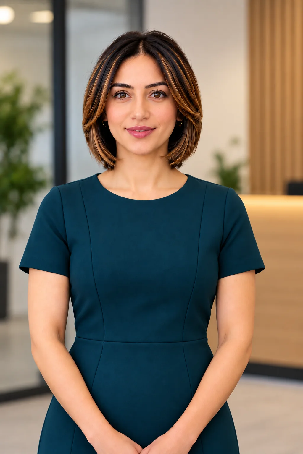 Matilda، شخصية رقمية ترتدي ثوبًا أزرق مخضر في مكتب