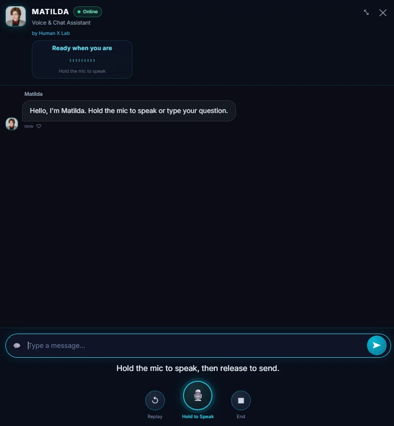 Matilda voice and chat assistant interface, showing its welcome message, text input and hold-to-speak microphone