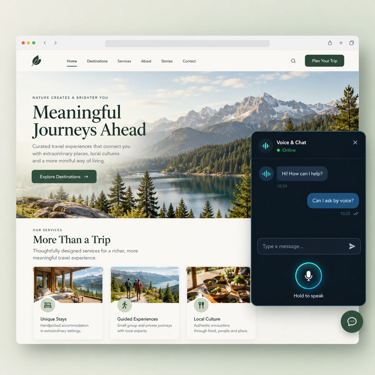 Illustrative website with a floating voice and text chatbot integrated into the bottom-right corner