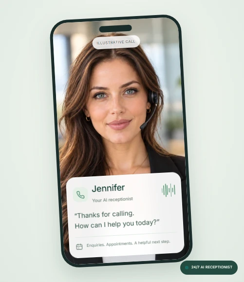 Jennifer, an AI receptionist pictured inside a phone with a welcome message