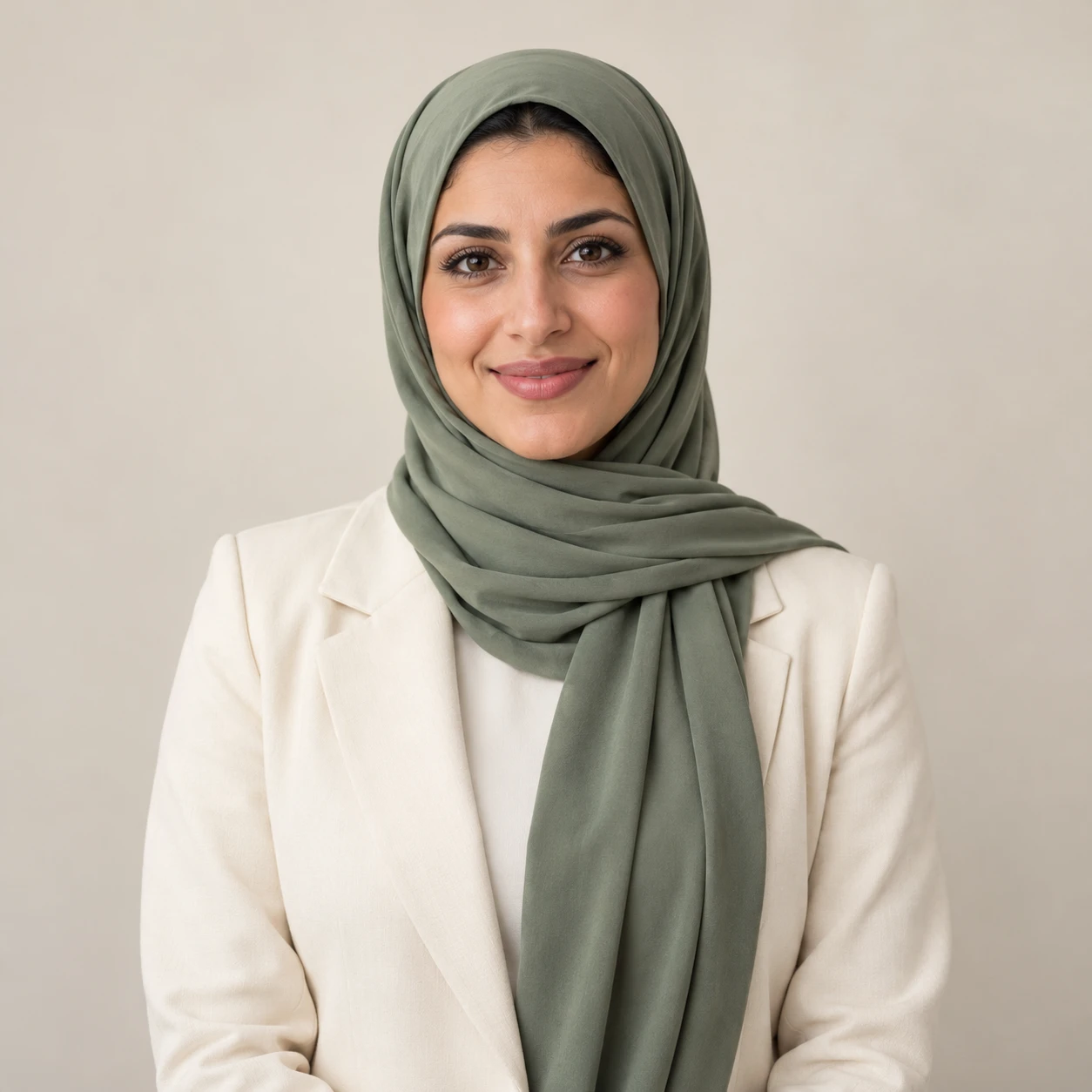 Amira, an illustrative digital teammate wearing a sage hijab