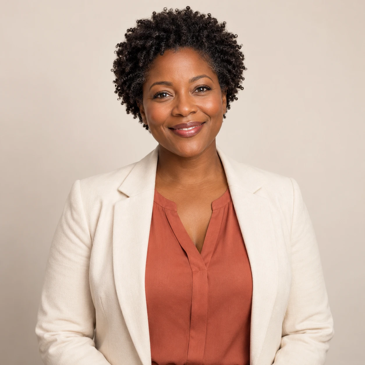 Maya, an illustrative digital teammate with short natural curls and a cream blazer
