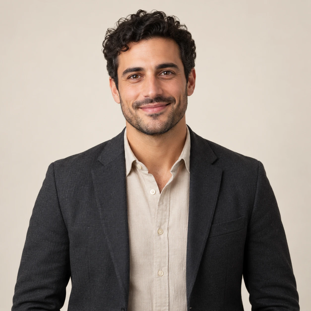 Noah, an illustrative digital teammate with curly dark hair and a charcoal blazer