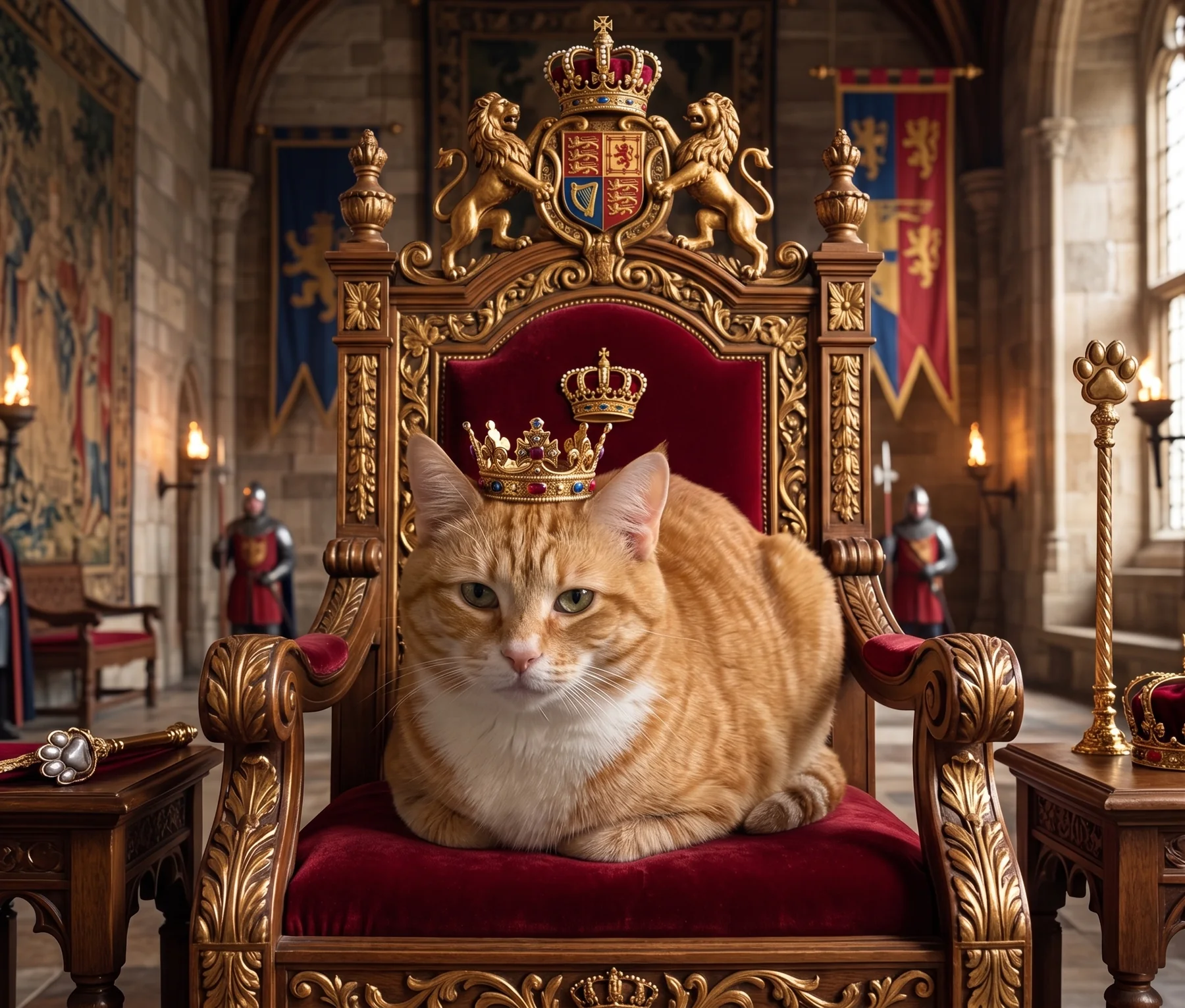 Trevor Zaman, an orange cat wearing a crown and sitting on a royal throne