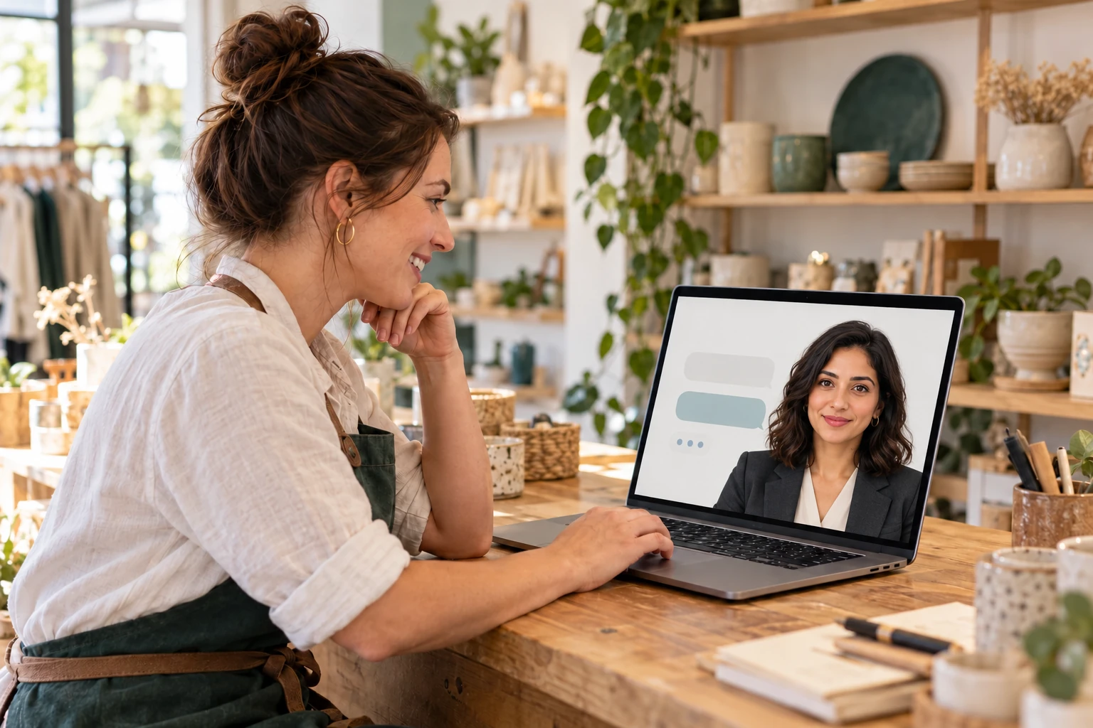 Illustrative scene of a small business owner using a female digital human on a laptop at her shop counter.