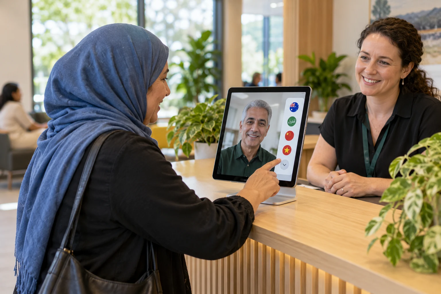 Illustrative multilingual reception interaction with a digital human and a staff member nearby