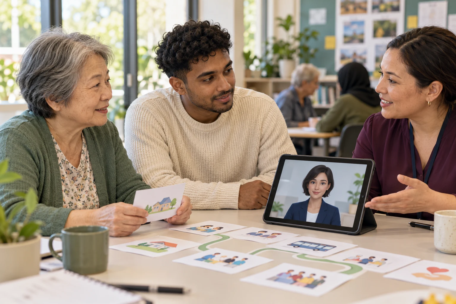Illustrative community co-design workshop with diverse participants reviewing an AI service journey