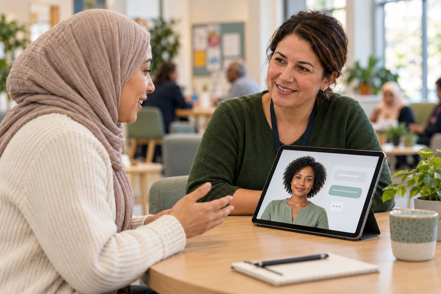 Illustrative scene of a newcomer and a service worker using a female digital human on a tablet at a community centre.