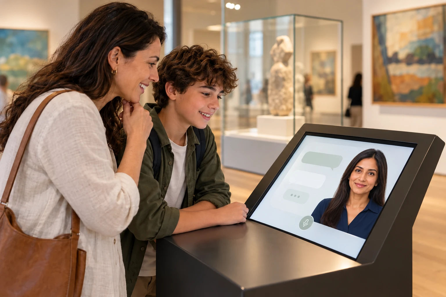 Illustrative scene of an adult and teenager using a female digital human interpretation kiosk in a museum.