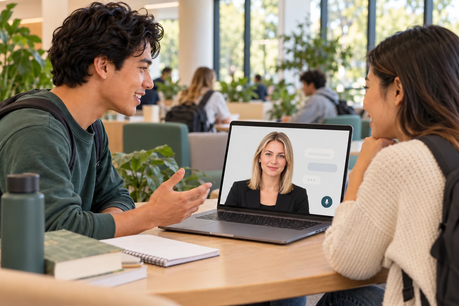 Illustrative scene of two students using a female digital human on a laptop in a campus welcome hub.