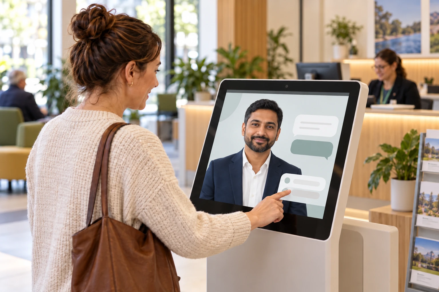 Illustrative scene of a resident using a male digital human information kiosk in a council service foyer.