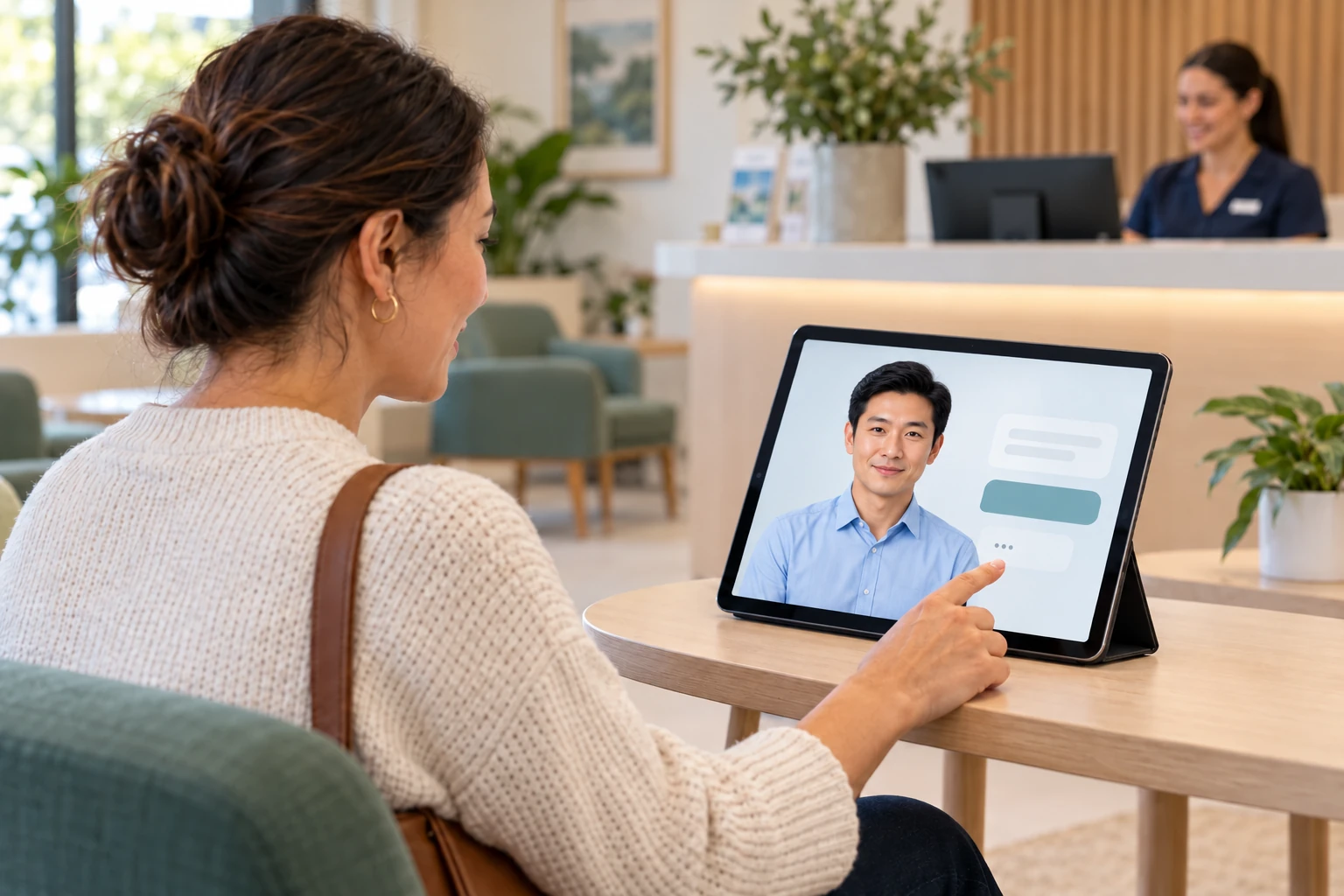 Illustrative scene of a clinic visitor using a male digital human tablet for reception information.