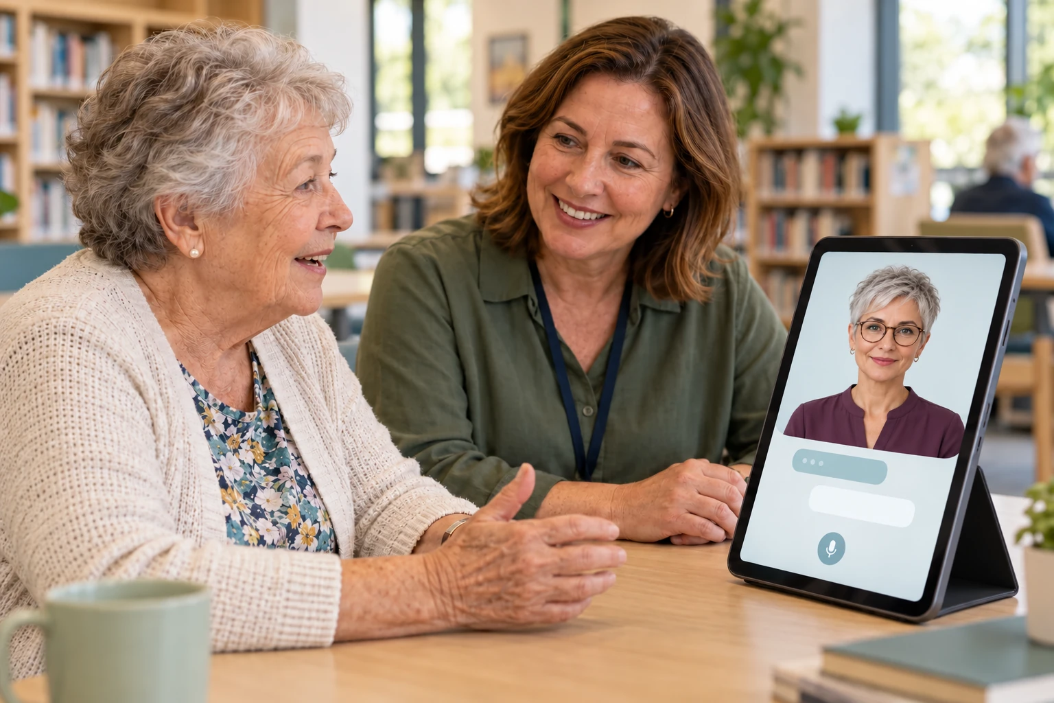 Illustrative scene of an older woman and a support worker using a female digital human tablet in a library.