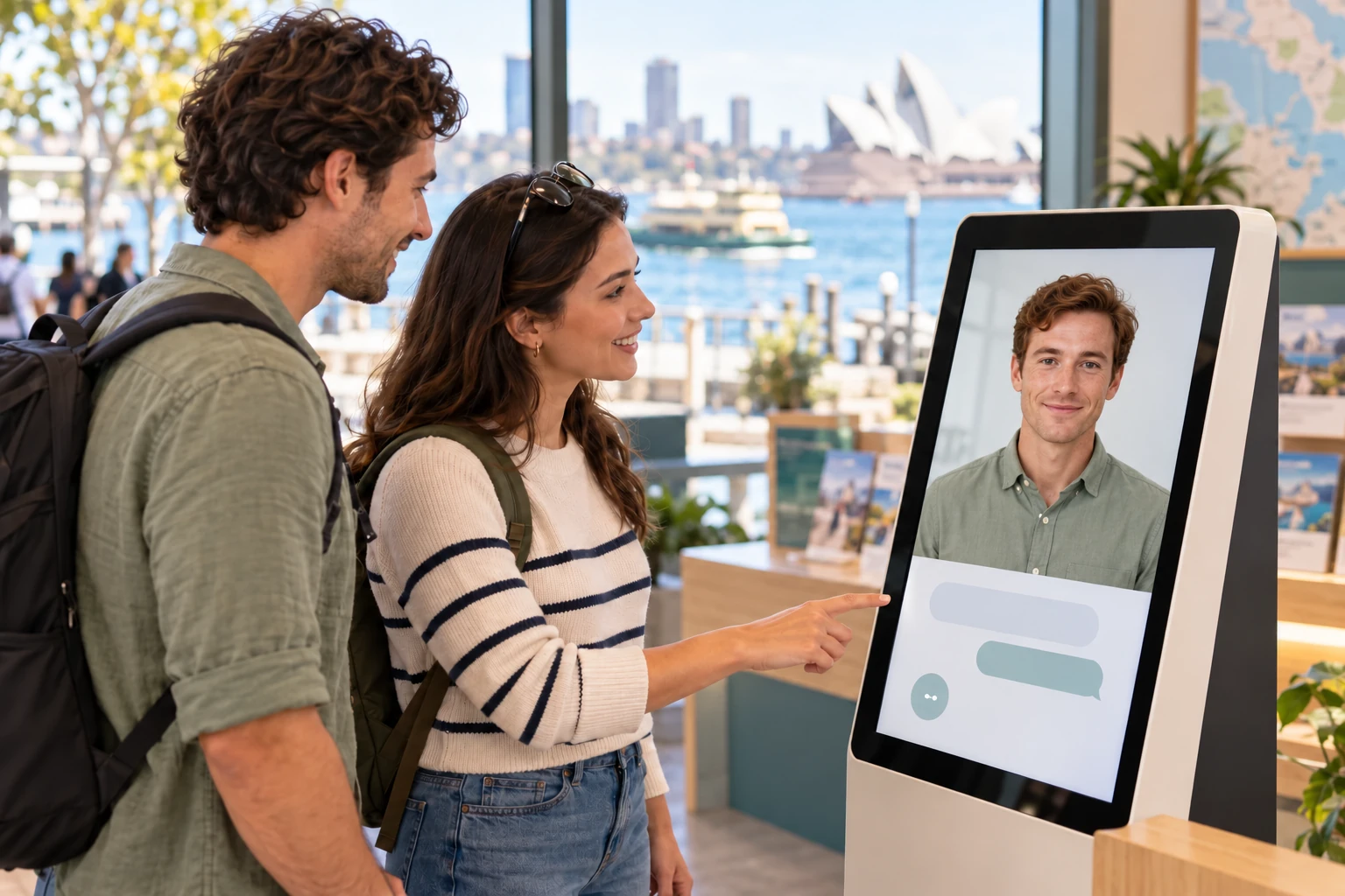 Illustrative scene of tourists using a male digital human visitor information kiosk by an Australian harbour.