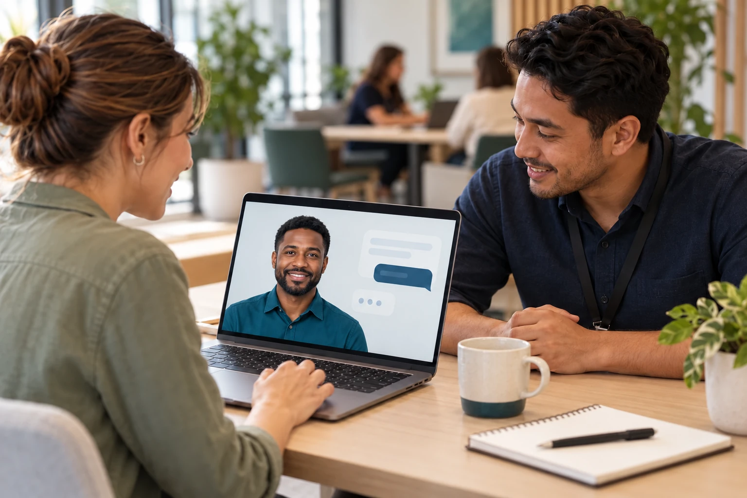 Illustrative scene of colleagues using a male digital human on a laptop for workplace support.