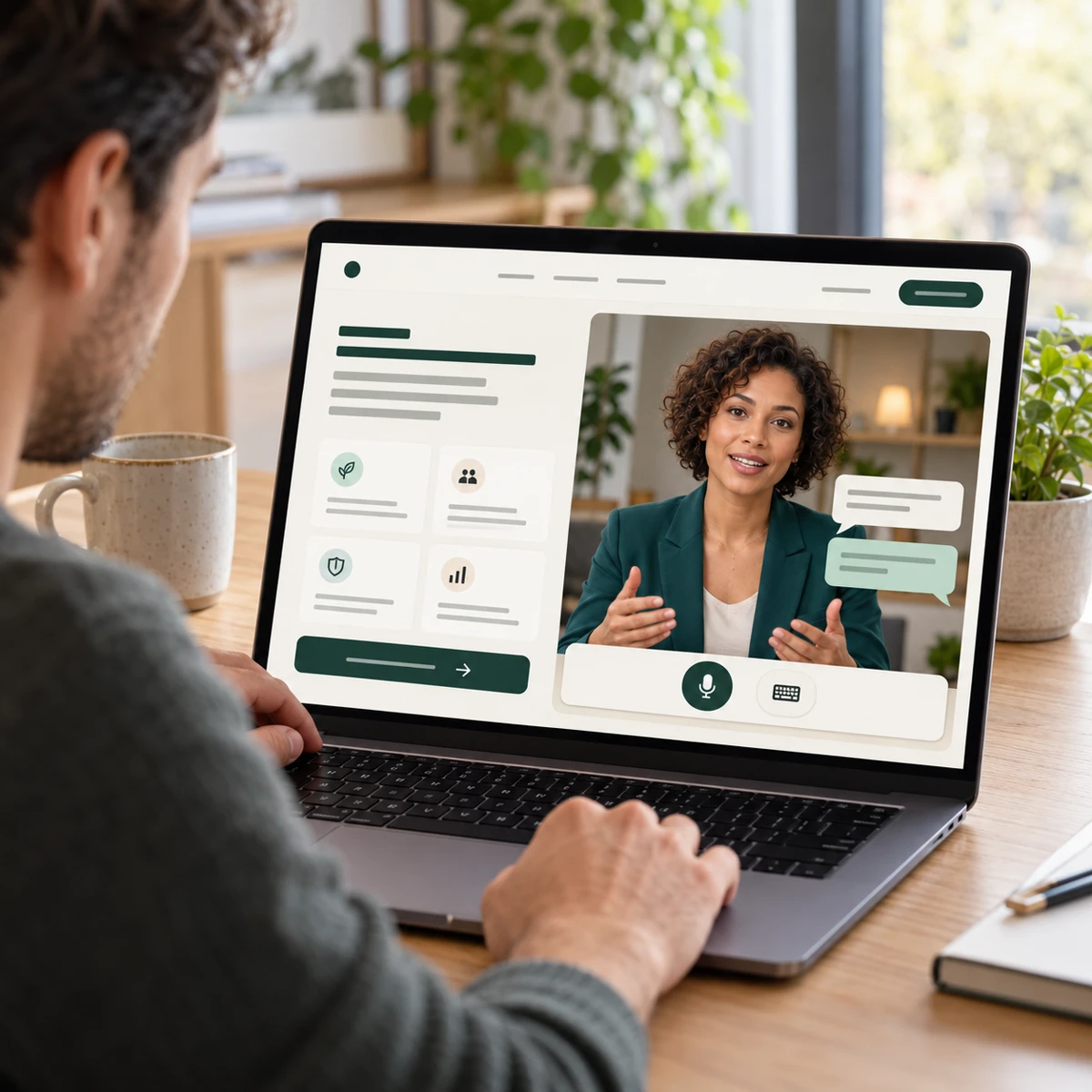 Illustrative website visitor receiving support from a Digital Human through voice and text on a laptop
